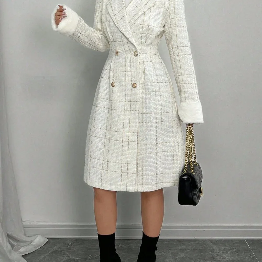 White Elegant Women's Long Sleeve Double-Breasted Coat w/Cinched Waist Cuff Fur - Picture 4 of 7